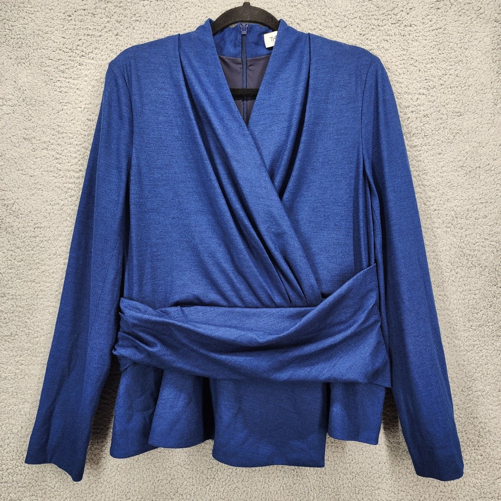The Fold London Blue 100% Virgin Wool Draped Wrap Peplum Top US 12 UK 16